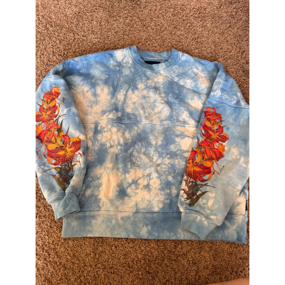 Spirit Jersey Mens Blue Tie Dye Floral Embroidered Sweatshirt Size M Made in USA
